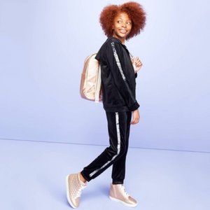 Girls' Black Velour Joggers w/ Flip Sequin Stripe